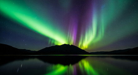 Night sky scene with vibrant green and purple aurora borealis reflected in a calm lake, showcasing a majestic mountain silhouette. Represents natural beauty and wonder