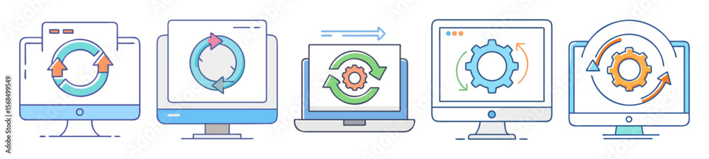 Poster cycle process showing five desktop computers with process arrows, gears, and data