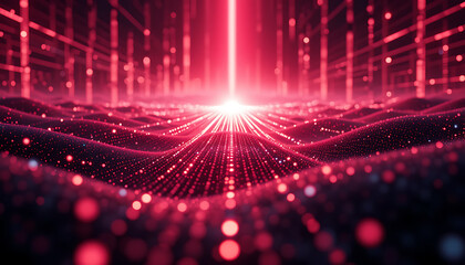 Obraz premium Abstract Red Digital Landscape with Glowing Particles and a Central Beam of Light Suggesting Technology Data or a Futuristic Environment with a Strong Visual Focus