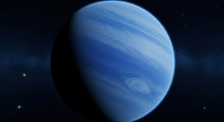 Blue planet in space, swirling clouds, dark background, stars visible, celestial body, cosmic scene, representing exploration, mystery, vastness