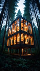 Modern glass cabin in forest treehouse design architecture nature retreat getaway home