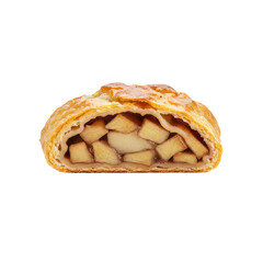 Apple strudel pastry cut in half showing filling on white background  