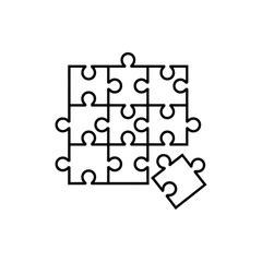 Simple black line drawing of a partially assembled jigsaw puzzle with one piece missing