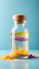 Colorful powder layers in glass bottle with wooden lid for science experiment use