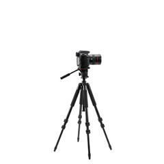 Camera on tripod isolated on white background with clear focus  