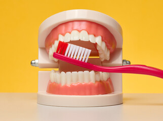 Model of human jaws with teeth with red toothbrush placed between upper and lower teeth on bright...