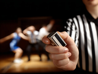 Referee officiating intense basketball game during evening match