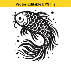 Obraz premium Elegant Black and White Koi Fish Illustration with Traditional Wave Patterns A Symbol of Prosperity and Good Fortune
