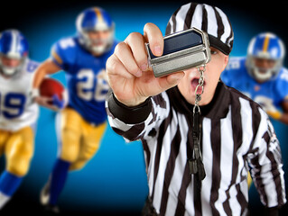 Referee signaling for a timeout during an intense football game with players on the field