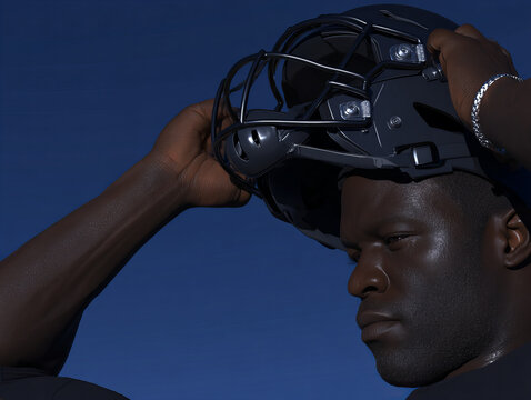 Football player adjusts helmet under a clear blue sky before an important practice session in the late afternoon