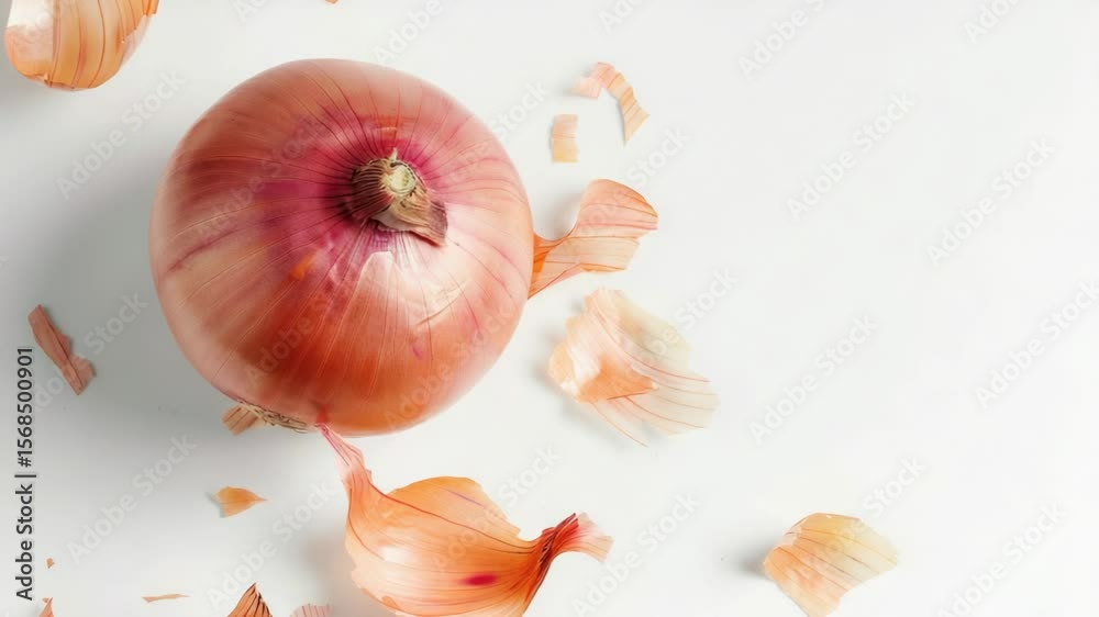 Poster Fresh red onion on a clean white surface surrounded by delicate petals