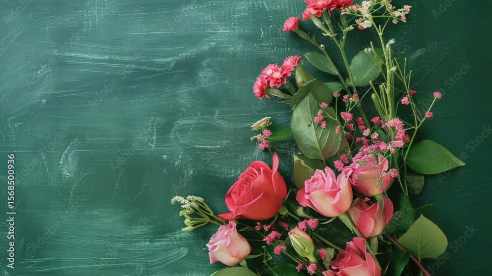 Poster A bouquet of pink flowers sits atop a green chalkboard, perfect for decorating or adding a touch of color to any space