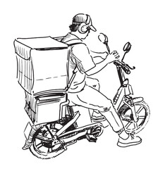 Delivery man of ready meals, pizza, fast food, one person on motorcycle riding on city street with big groceries box, realistic sketch, vector illustration isolated on white