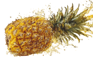 Fresh ripe pineapple with golden liquid splashing dynamically around its textured skin and spiky crown isolated on transparent background