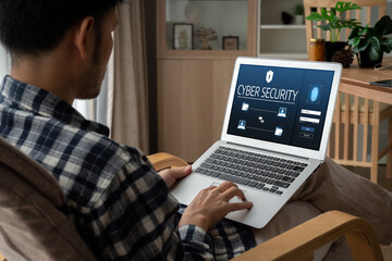 Cyber security system on computer screen protect private information snugly from hacker and cyber...