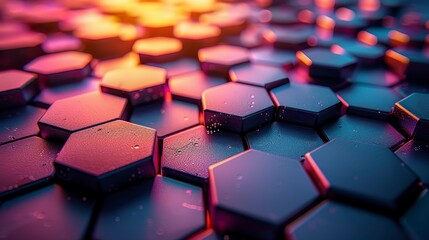 Tiled hexagonal surface, dark blocks lit from above with warm orange glow. Futuristic, modern aesthetic