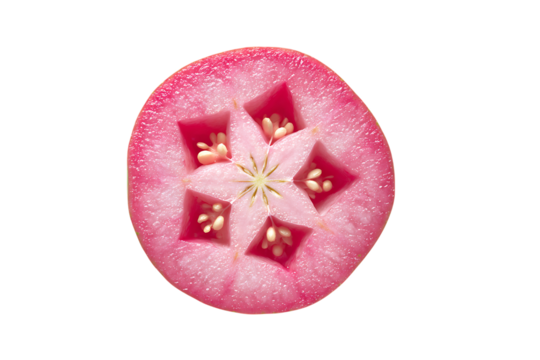 Close up of a cross section of a pink radish with a star shaped pattern carved into its flesh revealing seeds isolated on transparent background