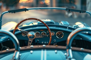 Luxurious vintage convertible sports car interior showcasing a wooden steering wheel and dashboard details