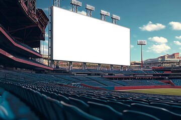 Empty baseball stadium with a large blank scoreboard under a partly cloudy sky awaits the game to begin.