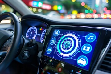 Interior view of a modern car showing its futuristic dashboard interface with navigation, music, and other features, driving in a city at night