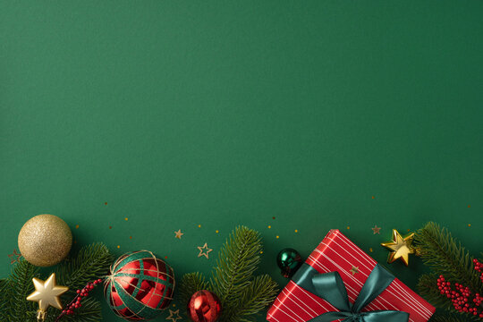 Festive themed image showcasing a flat lay arrangement of Christmas gifts and ornaments placed against a green surface creating a holiday mood