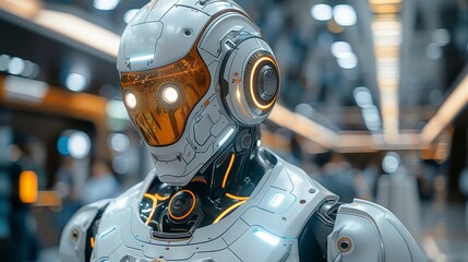 Fototapeta premium White humanoid robot with glowing orange eyes & highlights, busy background