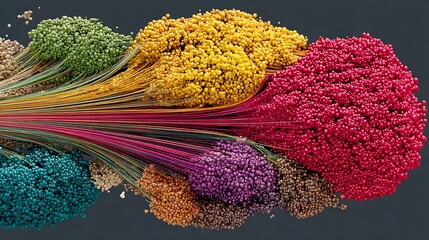 the image features a dynamic arrangement of colorful spheres connected to thin, fiber like strands