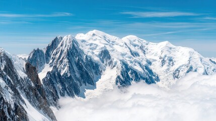 Majestic snow-capped mountains stand against a clear blue sky, surrounded by wispy clouds, This stunning landscape is perfect for travel brochures, nature documentaries, and desktop wallpapers,