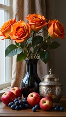 Still life photography of orange roses in vase with apples and grapes on table top