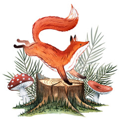 Watercolor composition of cute red fox jumping on stump with mushrooms, leaves and stars in Russian fairytale style, hand painted illustration for decor packaging and storybook design