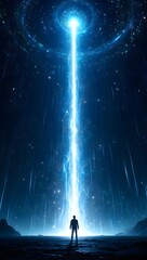 Man standing under bright light beam from space galaxy cosmic portal illustration