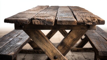 Rustic wooden picnic table with a weathered finish, ideal for outdoor settings, gatherings, or decorating spaces with a natural touch, Adds charm to restaurants, cafes, or home interiors,
