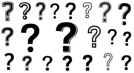 Collection of black question marks, varying in style and size, on white background, symbolizing inquiry, doubt, or uncertainty, suitable for educational or design purposes