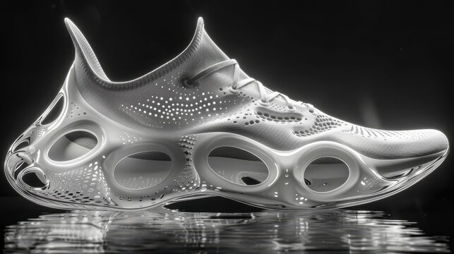 Futuristic white shoe w/cutout design rests on a reflective surface against a dark background