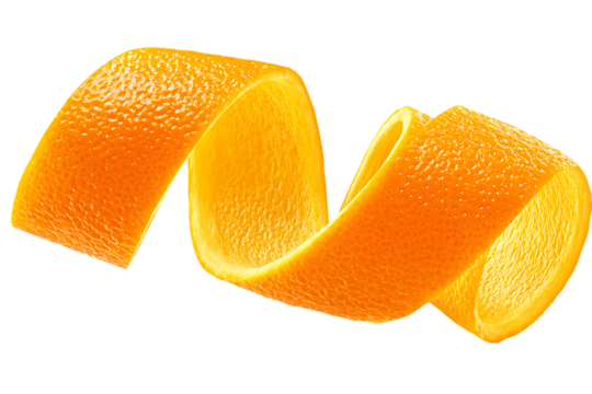A vibrant orange peel twisted into a spiral shape against a stark transparent background