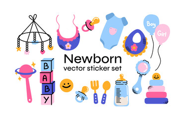 Newborn Baby Sticker Set. Cute pastel icons of baby clothes, toys, bottles, bibs, pacifiers, rattles, and blocks. Adorable hand-drawn vector elements for baby shower, nursery, and parenting designs.