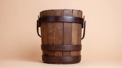A vintage wooden bucket with a rustic design is showcased against a soft, neutral background, making it ideal for home decor, craftsmanship, or lifestyle themes in photography or marketing projects,