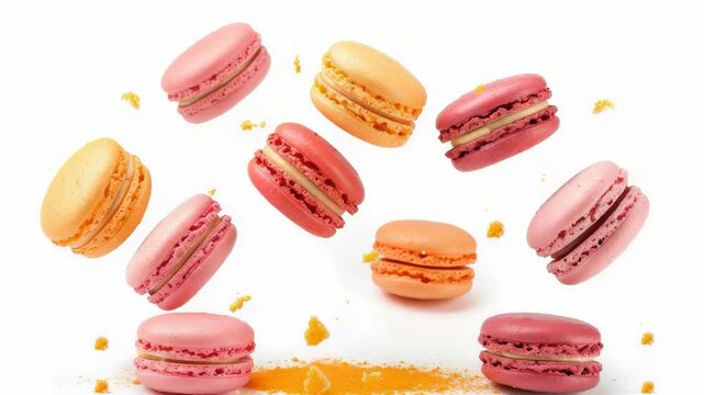 A whimsical scene featuring macarons suspended in mid-air, perfect for use in confectionery or dessert-themed designs