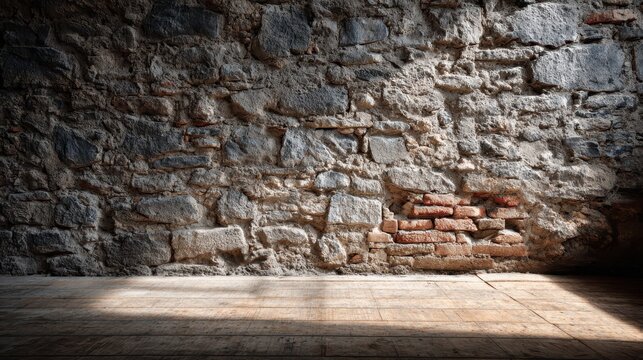 Heritage Stone Wall Backdrop: A Vintage Reproduction of Brick and Mortar with Daylight Shadows
