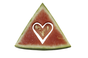 A triangular slice of refreshing watermelon with a heart shape carved into its juicy red flesh isolated on transparent background
