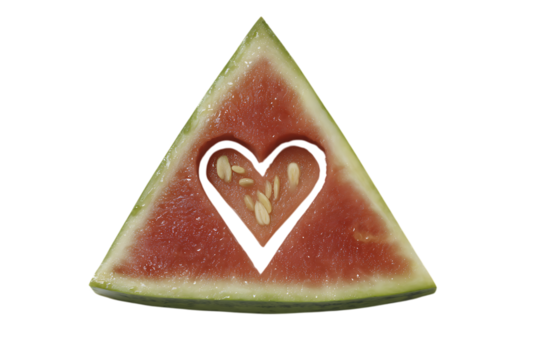 A triangular slice of refreshing watermelon with a heart shape carved into its juicy red flesh isolated on transparent background - Powered by Adobe