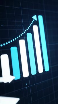 A glowing white and light blue digital animation displays a bar chart and dotted line graph visualizing abstract data on a dark blue grid background with an upward arrow symbolizing growth Corporate