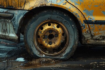 Deflated flat tire on a muddy and rusty yellow car, possibly abandoned after an incident