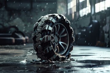 Broken car wheel falling apart under heavy snow in abandoned warehouse, concept of decay and end of times