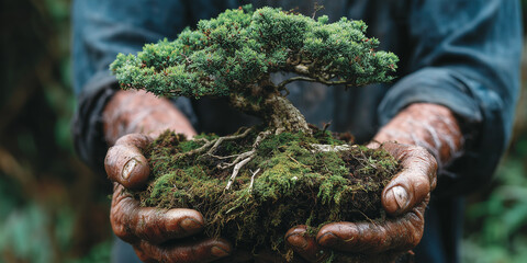 Ręce pokryte ziemią delikatnie trzymają małe drzewko bonsai z korzeniami pokrytymi mchem. Symboliczne ujęcie opieki nad naturą i wzrostu.