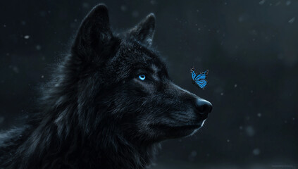 Glimmering Encounter: Black Wolf with Blue Eyes and Butterfly