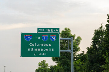 sign for Exit 16 B - A from I-75 in Beckett Ridge, Ohio for Interstate 275 to I-71 and I-74 toward Columbus, Ohio and Indianapolis, Indiana