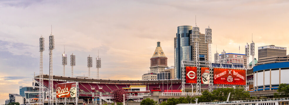 Cincinnati, Ohio - June 28, 2025: Panorama of the Great American Ball Park baseball stadium viewed from the Ohio River in the evening.