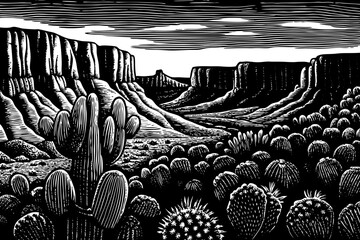 Canyon view with prickly pear cacti and layered rock formations, ideal for nature and travel themes vector a black and white line art illustration