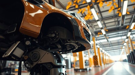 Fototapeta premium Robotic arm lifting a orange vehicle